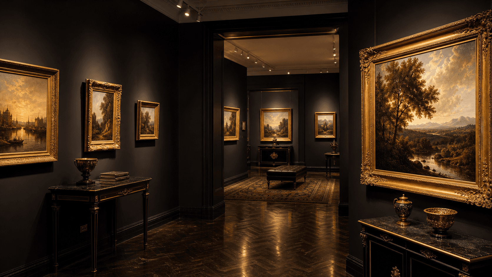 An elegant evening preview gallery with framed paintings across dark walls